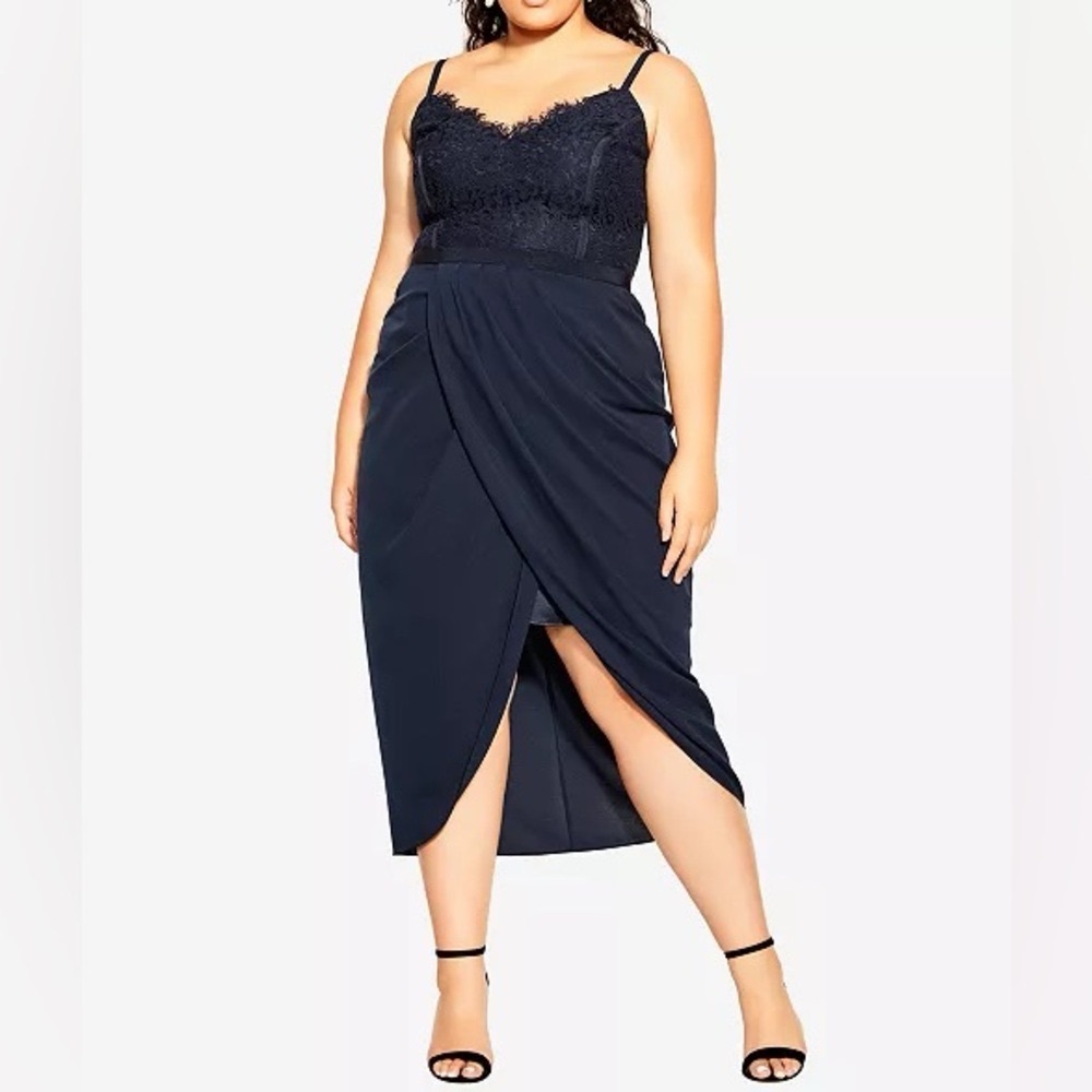 Plus Size Navy Lace Bodice Midi Dress